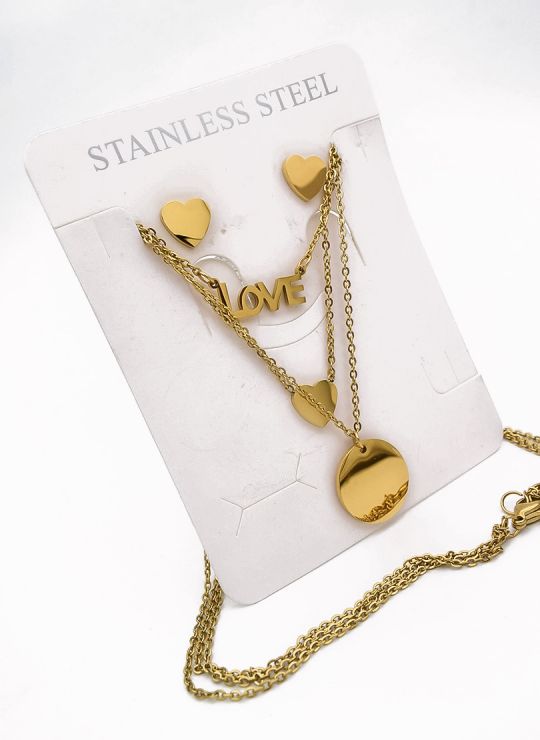 SET DE COLLAR, DIJE Y ARETES EN ACERO INOXIDABLE 316L  INCLUYE CADENA FRAMBUESA 