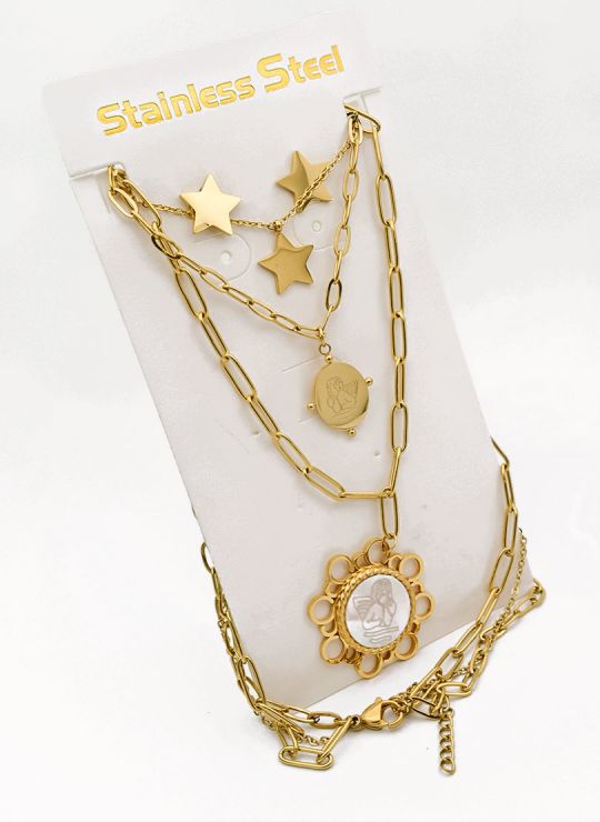 SET DE COLLAR, DIJE Y ARETES EN ACERO INOXIDABLE 316L INCLUYE CADENA FRAMBUESA 
