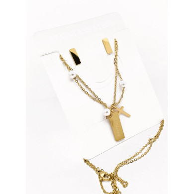 SET DE COLLAR, DIJE Y ARETES EN ACERO INOXIDABLE 316L INCLUYE CADENA FRAMBUESA 