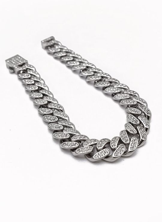 PULSERA TIPO CUBANA EN ACERO INOXIDABLE CON CIRCONES ADHERIDOS PERMANENTEMENTE / QUIRURGICO  316L DISEÑO FRAMBUESA EXCLUSIVA 