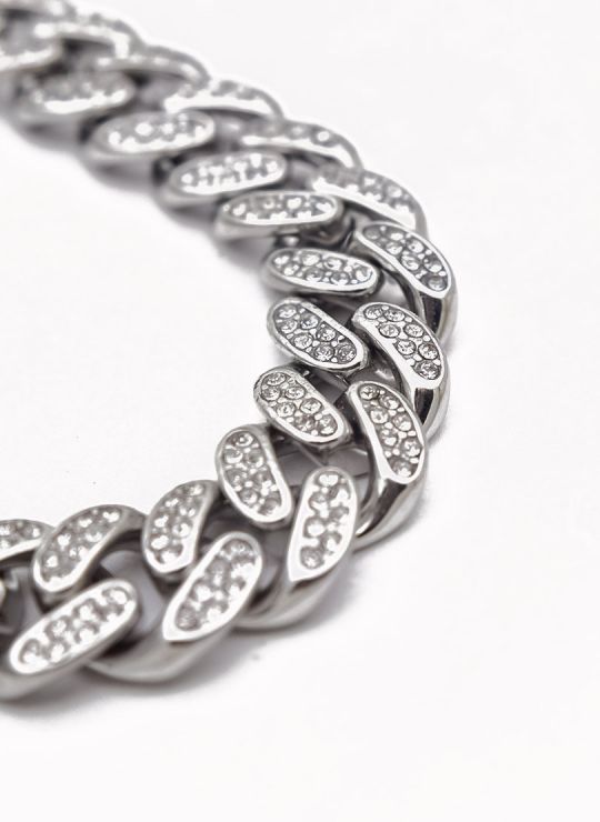PULSERA TIPO CUBANA EN ACERO INOXIDABLE CON CIRCONES ADHERIDOS PERMANENTEMENTE / QUIRURGICO  316L DISEÑO FRAMBUESA EXCLUSIVA 