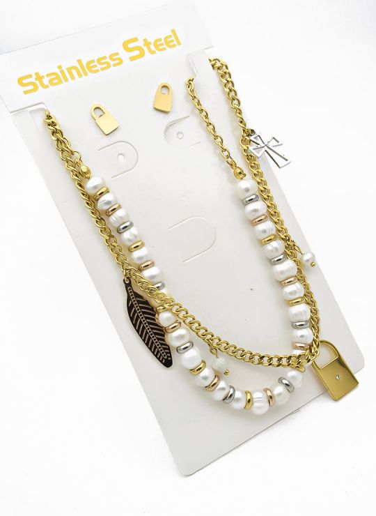 SET DE COLLAR, DIJE Y ARETES EN ACERO INOXIDABLE 316L  INCLUYE CADENA FRAMBUESA 