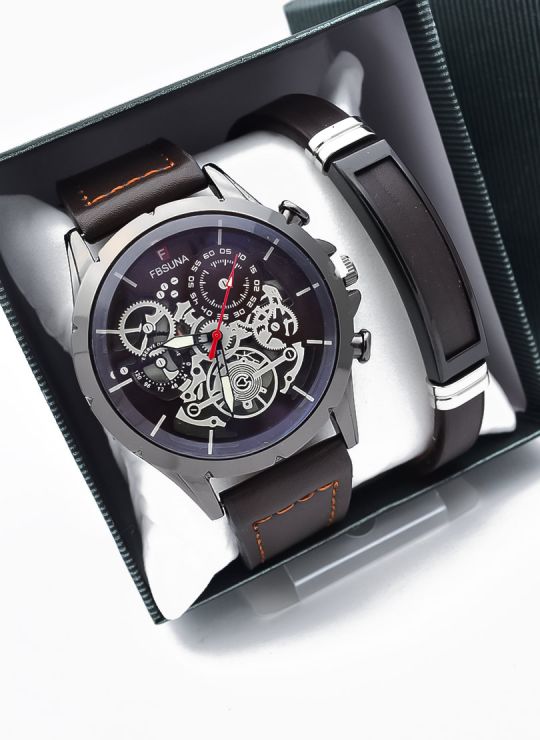 LOTE X 6 UNIDADES SET  RELOJ CUERO CON PULSERA PLACA EN ACERO NEOPRENO CON ESTUCHE TIPO CASIO DE LUJO