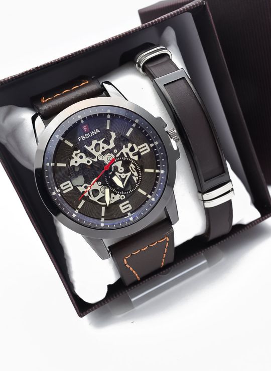 LOTE X 6 UNIDADES SET  RELOJ CUERO CON PULSERA PLACA EN ACERO NEOPRENO CON ESTUCHE TIPO CASIO DE LUJO