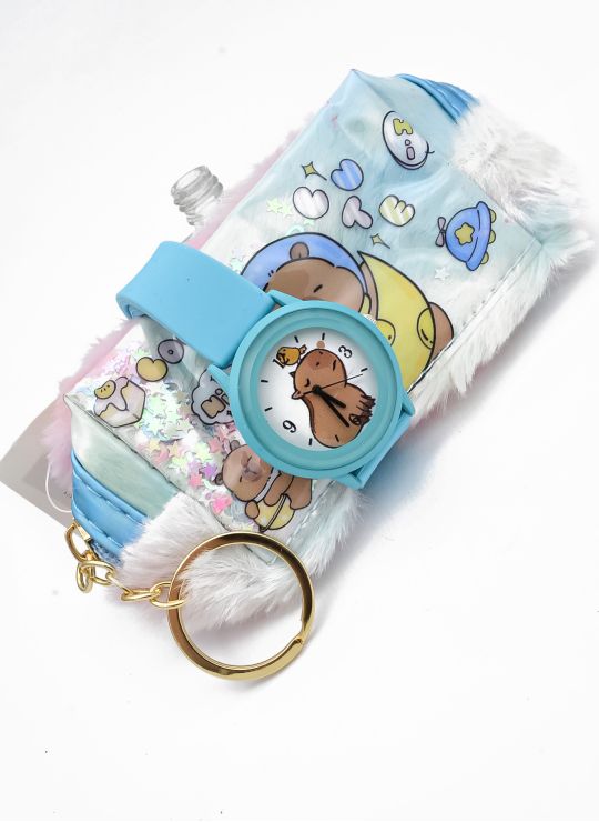 SET DE RELOJ CON COSMETIQUERA PELUCHE PERSONAJE TIPO LLAVERO
