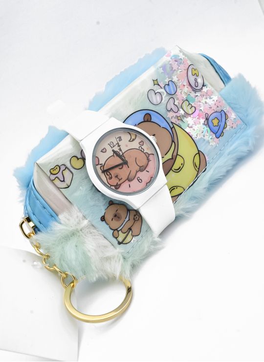 SET DE RELOJ CON COSMETIQUERA PELUCHE PERSONAJE TIPO LLAVERO