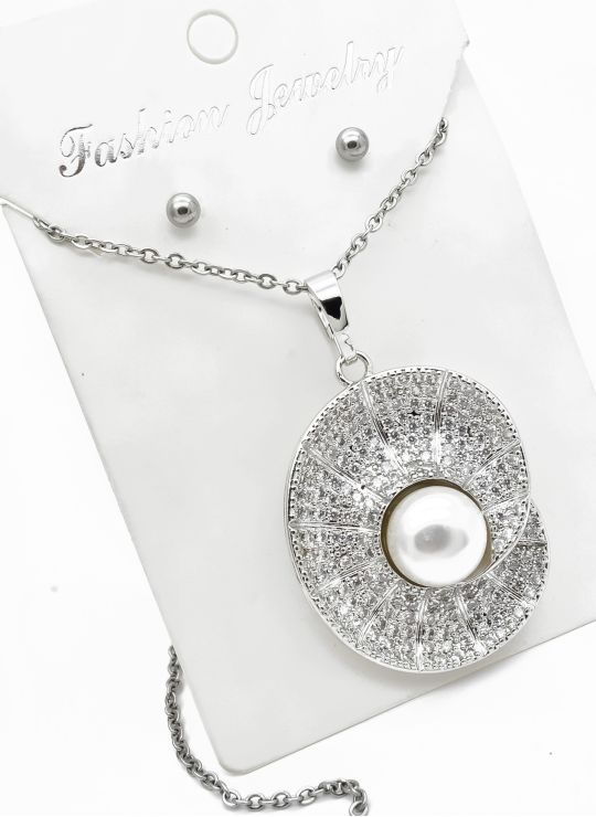 SET DE COLLAR, ARETES Y DIJE EN RODIO CON MICROCIRCIONES / GARANTIA
