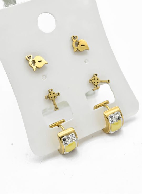 SET DE ARETES X 3 CRISTALES SURTIDO/ACERO INOXIDABLE