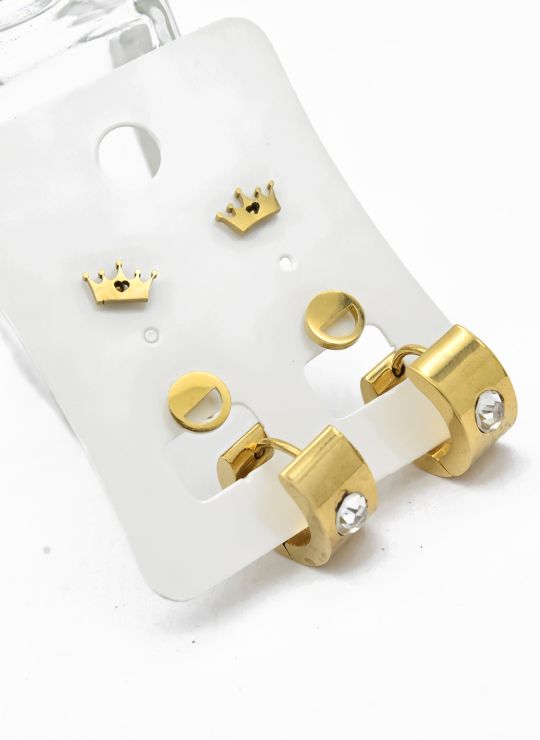 SET DE ARETES X 3 CRISTALES SURTIDO/ACERO INOXIDABLE