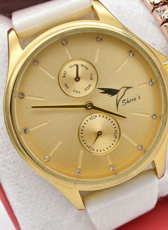 SET RELOJ GOMA CON SEGUNDERO LATERAL PREMIUM CON PULSERA EN BISUTERIA Y ESTUCHE DE LUJO MICROCIRCONES