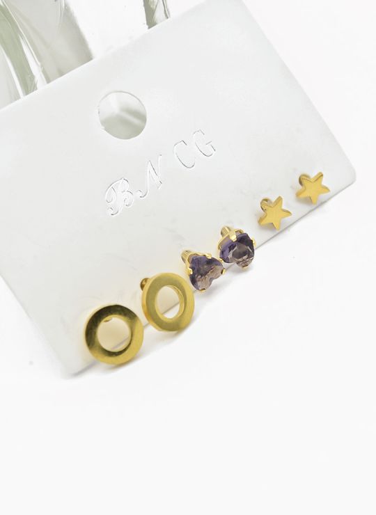 SET DE ARETES X 3 CRISTALES SURTIDO/ACERO INOXIDABLE