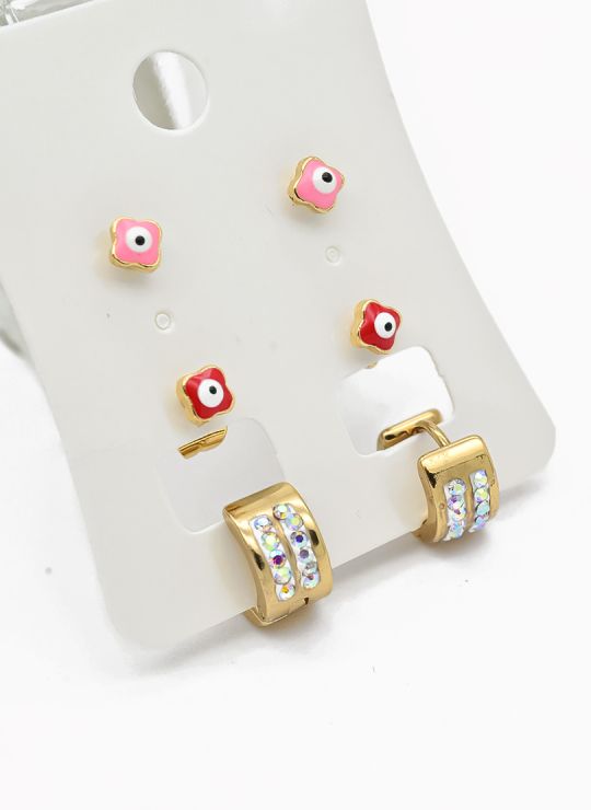 SET DE ARETES X 3 CRISTALES SURTIDO/ACERO INOXIDABLE