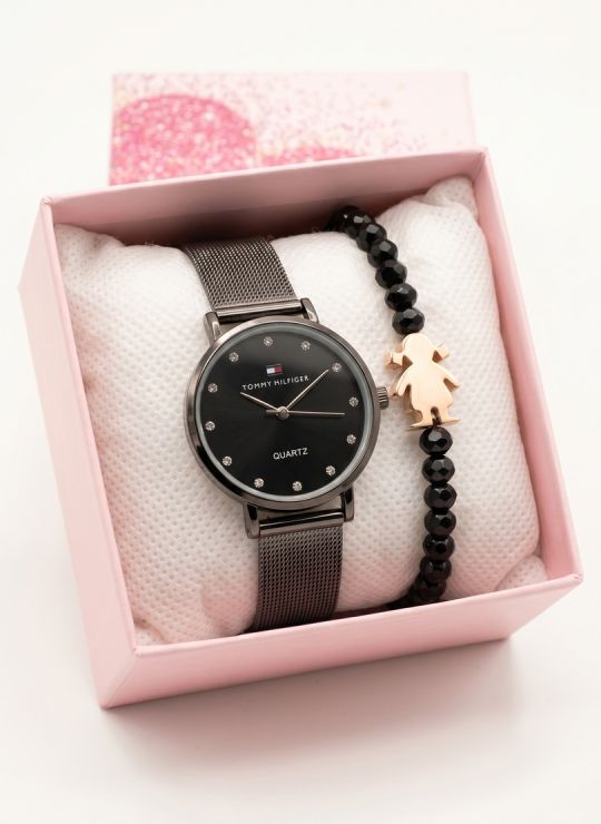 SET RELOJ METALICO CON PULSERA EN RODIO/ACERO Y ESTUCHE DE LUJO