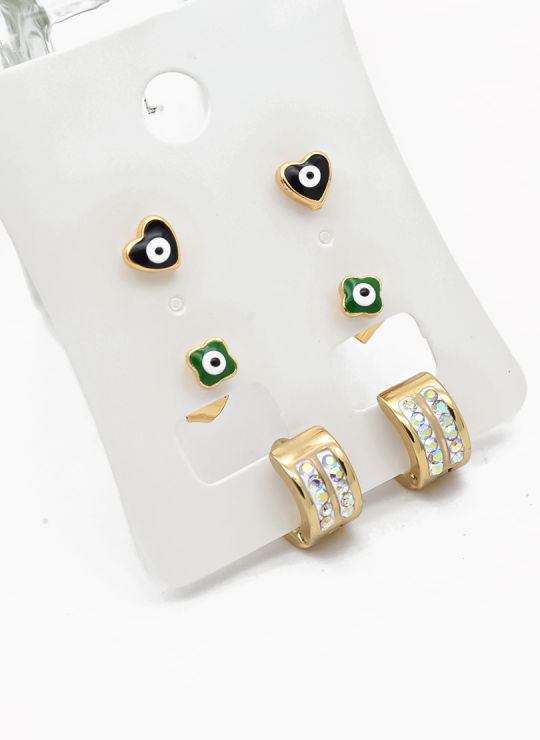 SET DE ARETES X 3 CRISTALES SURTIDO/ACERO INOXIDABLE