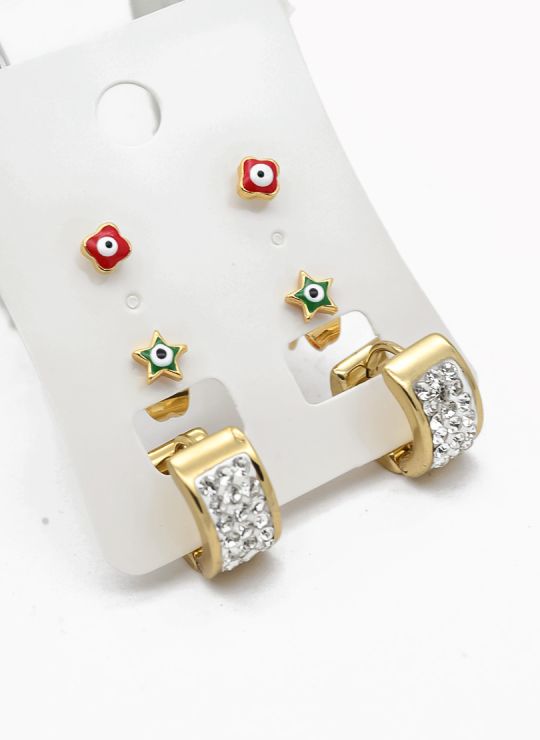 SET DE ARETES X 3 CRISTALES SURTIDO/ACERO INOXIDABLE