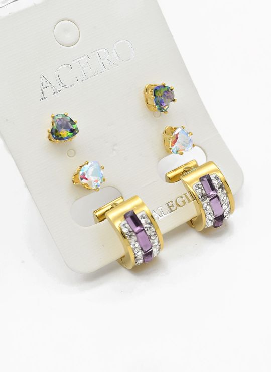 SET DE ARETES X 3 CRISTALES SURTIDO/ACERO INOXIDABLE