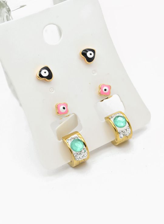 SET DE ARETES X 3 CRISTALES SURTIDO/ACERO INOXIDABLE