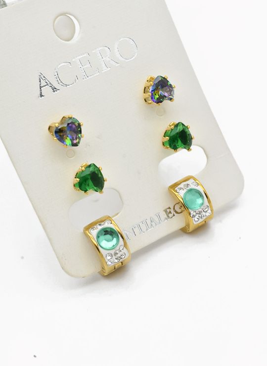 SET DE ARETES X 3 CRISTALES SURTIDO/ACERO INOXIDABLE