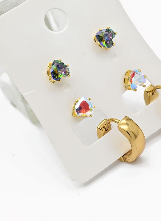 SET DE ARETES X 3 CRISTALES SURTIDO/ACERO INOXIDABLE