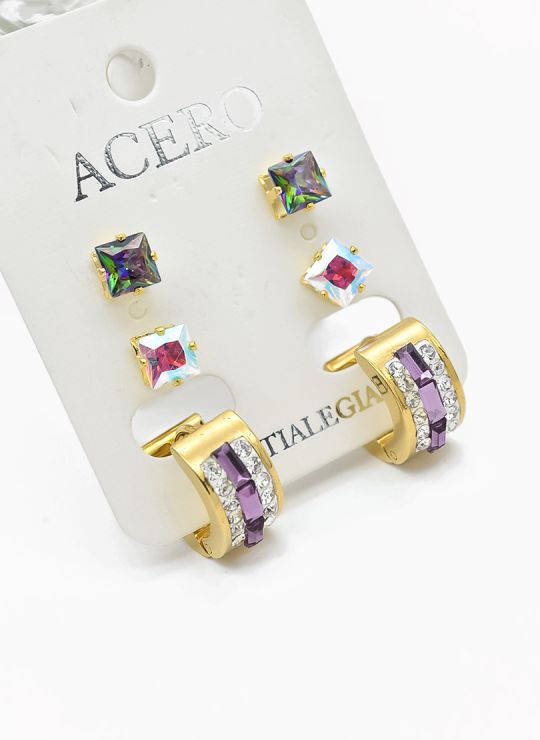 SET DE ARETES X 3 CRISTALES SURTIDO/ACERO INOXIDABLE