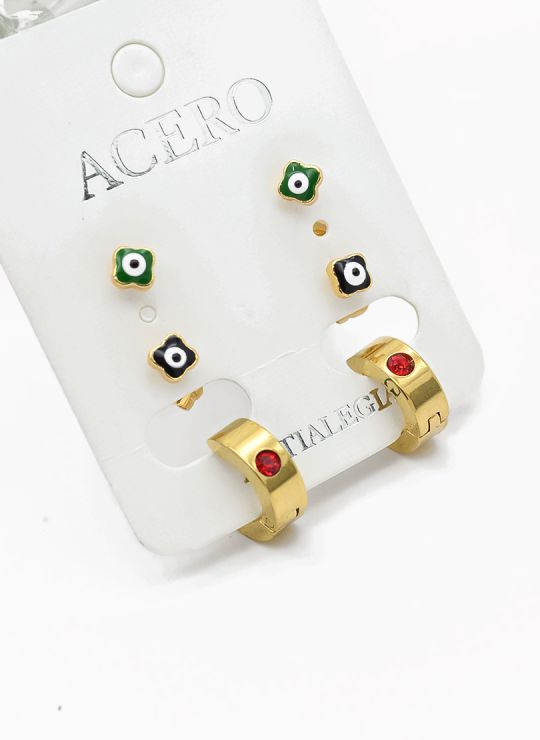 SET DE ARETES X 3 CRISTALES SURTIDO/ACERO INOXIDABLE