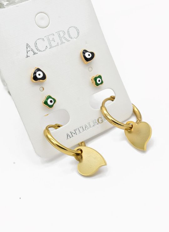 SET DE ARETES X 3 CRISTALES SURTIDO/ACERO INOXIDABLE