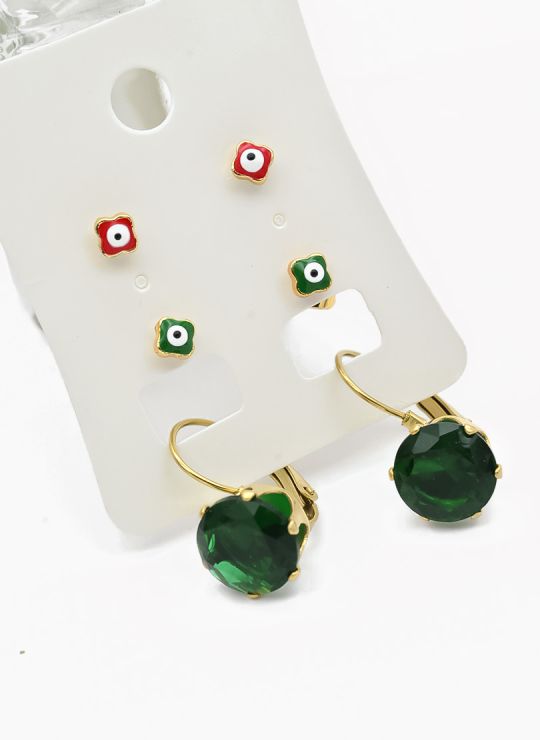 SET DE ARETES X 3 CRISTALES SURTIDO/ACERO INOXIDABLE