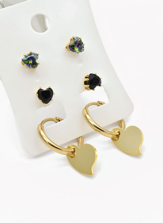 SET DE ARETES X 3 CRISTALES SURTIDO/ACERO INOXIDABLE