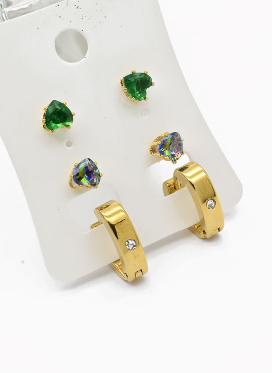 SET DE ARETES X 3 CRISTALES SURTIDO/ACERO INOXIDABLE