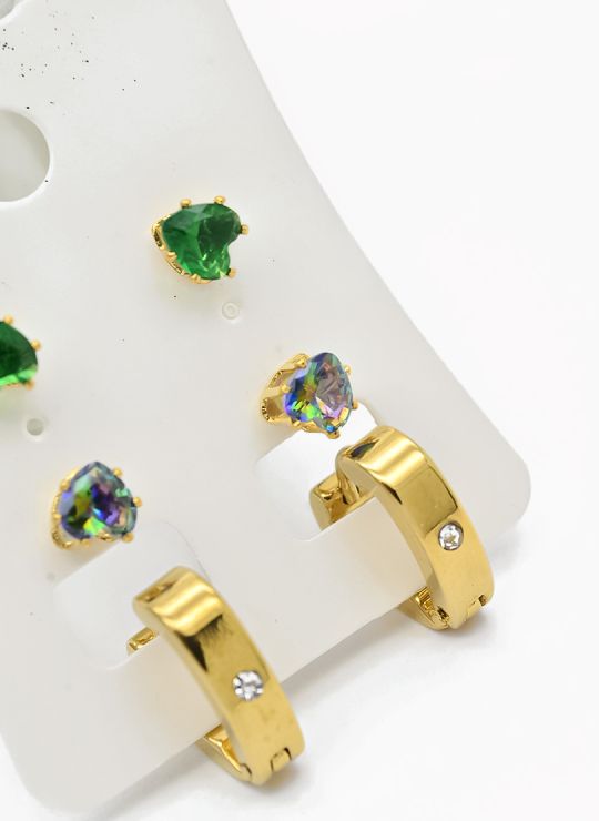 SET DE ARETES X 3 CRISTALES SURTIDO/ACERO INOXIDABLE