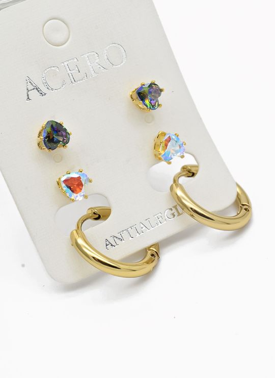 SET DE ARETES X 3 CRISTALES SURTIDO/ACERO INOXIDABLE