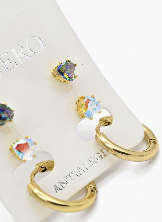 SET DE ARETES X 3 CRISTALES SURTIDO/ACERO INOXIDABLE