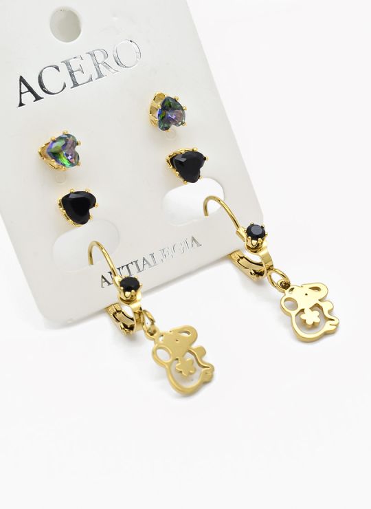 SET DE ARETES X 3 CRISTALES SURTIDO/ACERO INOXIDABLE
