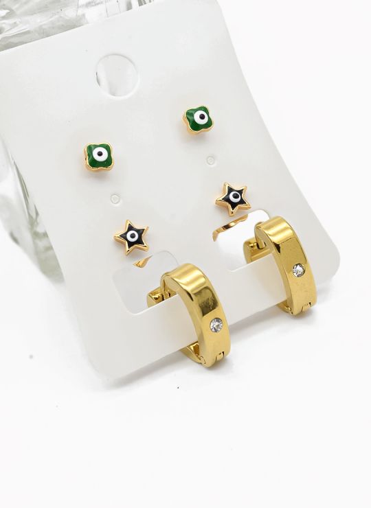 SET DE ARETES X 3 CRISTALES SURTIDO/ACERO INOXIDABLE