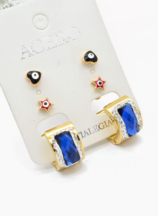 SET DE ARETES X 3 CRISTALES SURTIDO/ACERO INOXIDABLE