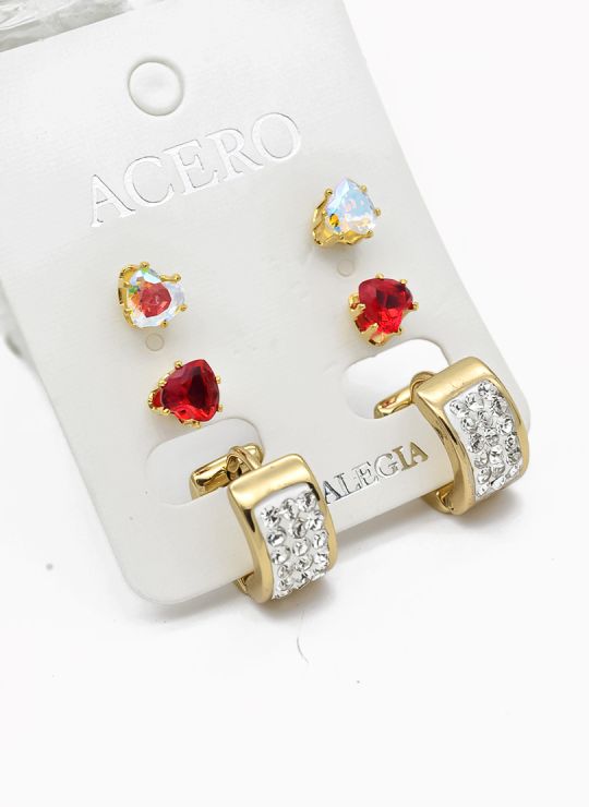 SET DE ARETES X 3 CRISTALES SURTIDO/ACERO INOXIDABLE