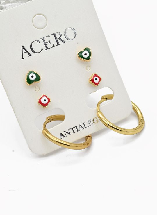 SET DE ARETES X 3 CRISTALES SURTIDO/ACERO INOXIDABLE