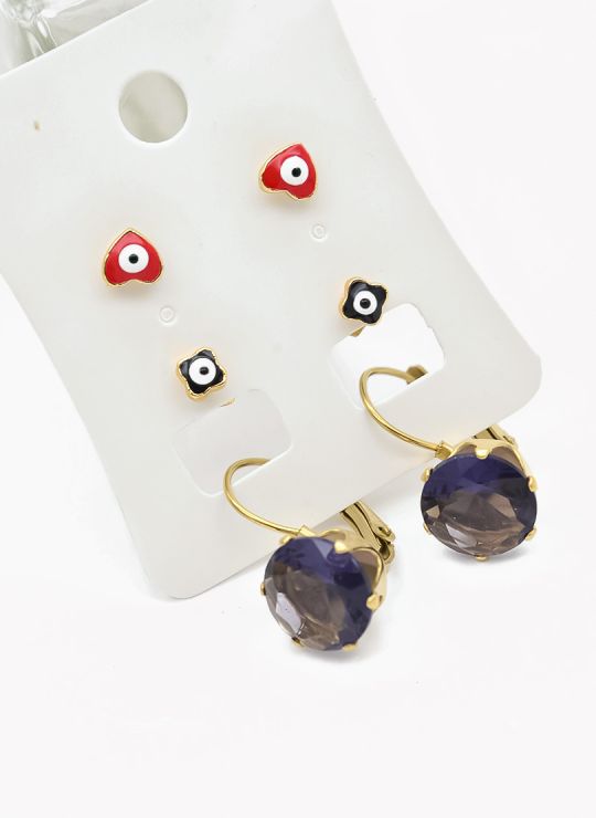 SET DE ARETES X 3 CRISTALES SURTIDO/ACERO INOXIDABLE