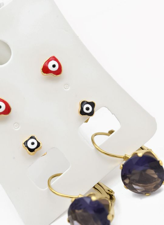 SET DE ARETES X 3 CRISTALES SURTIDO/ACERO INOXIDABLE
