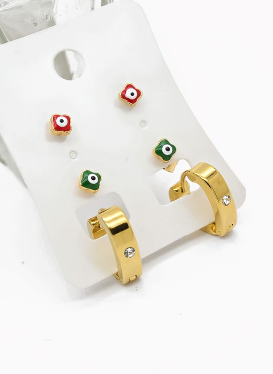 SET DE ARETES X 3 CRISTALES SURTIDO/ACERO INOXIDABLE