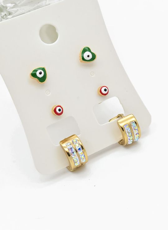 SET DE ARETES X 3 CRISTALES SURTIDO/ACERO INOXIDABLE