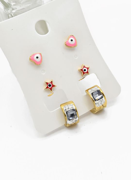 SET DE ARETES X 3 CRISTALES SURTIDO/ACERO INOXIDABLE