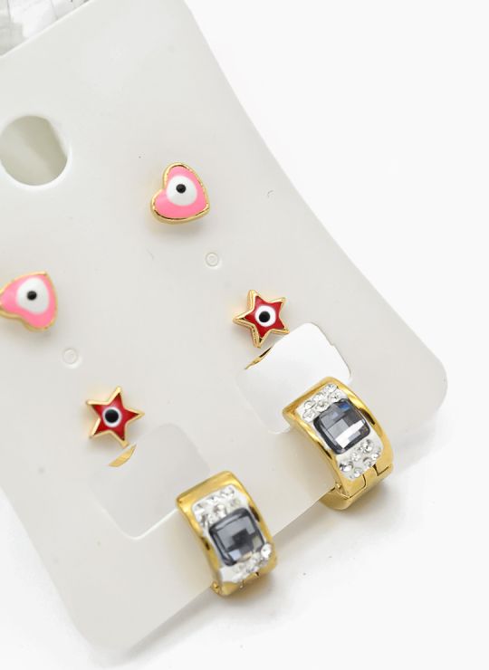 SET DE ARETES X 3 CRISTALES SURTIDO/ACERO INOXIDABLE
