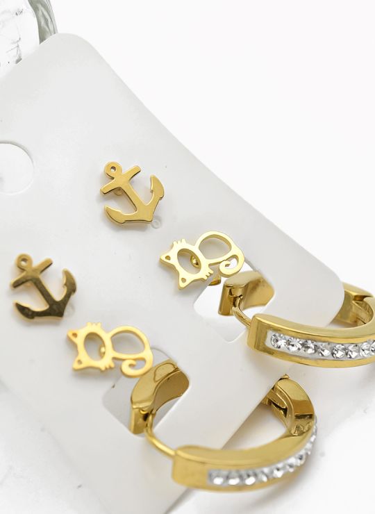 SET DE ARETES X 3 CRISTALES SURTIDO/ACERO INOXIDABLE
