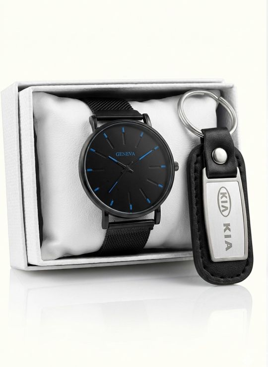 SET DE RELOJ CON LLAVERO METALICO CUERO Y ESTUCHE DE LUJO