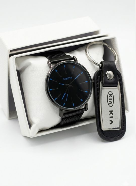 SET DE RELOJ CON LLAVERO METALICO CUERO Y ESTUCHE DE LUJO