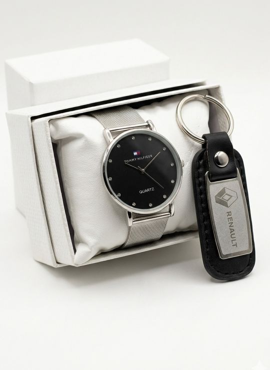 SET DE RELOJ CON LLAVERO METALICO CUERO Y ESTUCHE DE LUJO