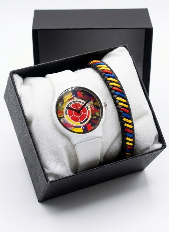 SET RELOJ GOMA CABALLERO COLOMBIA CON PULSERA EN RODIO Y ESTUCHE DE LUJO