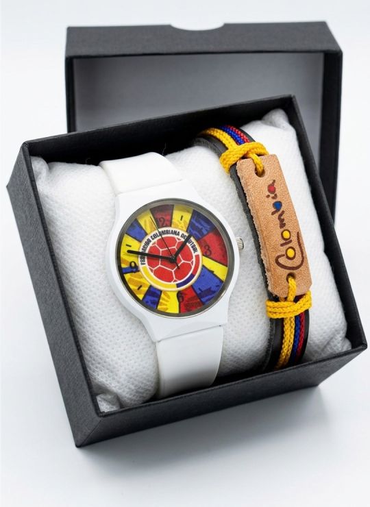 SET RELOJ GOMA CABALLERO COLOMBIA CON PULSERA EN RODIO Y ESTUCHE DE LUJO