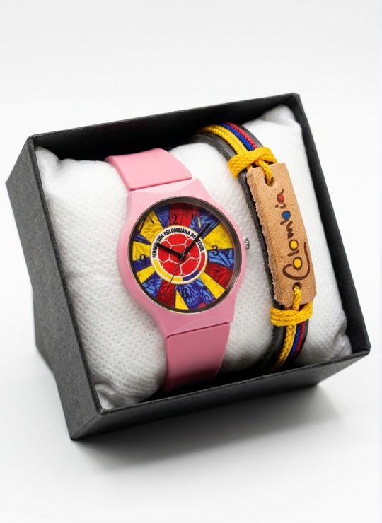 SET RELOJ GOMA CABALLERO COLOMBIA CON PULSERA EN RODIO Y ESTUCHE DE LUJO